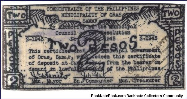 SMR576 Samar Oras 2 Peso note, unissued remainder. Banknote