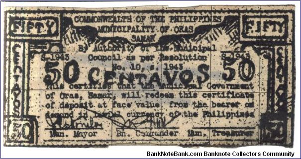 SMR571 Samar Oras 5 centavos note, unissued remainder. Banknote