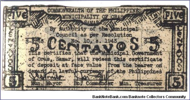 SMR574 Samar Oras 50 centavos note, unissued remainder. Banknote