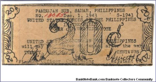 SMR733 Pambujan Sur, Samar 20 centavos note. Banknote