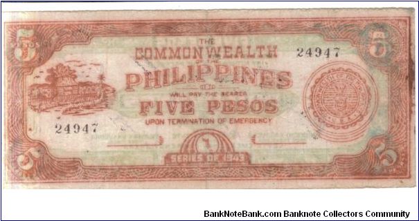 S408a Leyte 5 pesos note, thin paper, offset of back on front. Banknote