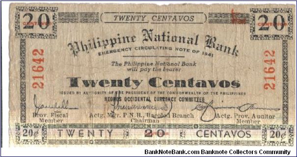 S622 Negros Occidental 20 centavos note. Banknote