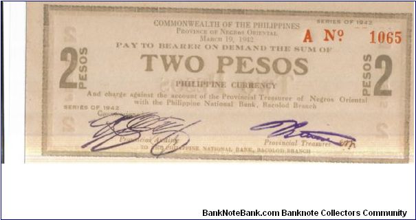 S655 Negros Occidental 2 Peso note. Banknote