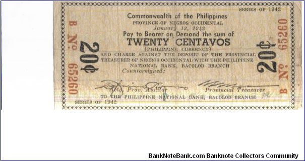S632 Negros Occidental 20 Centavos note. Banknote