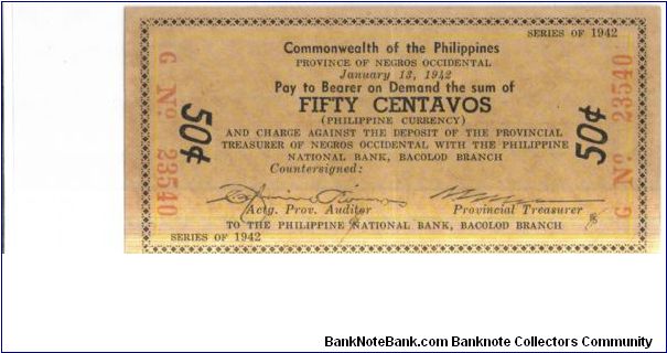 S633 Negros Occidental 50 Centavos note. Banknote