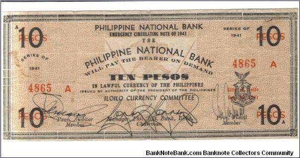S308 Iloilo 10 Peso note. Banknote