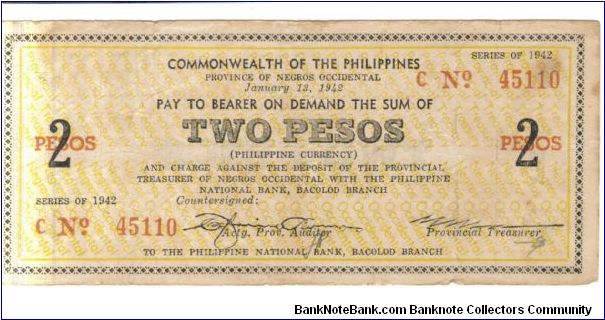 S636 Negros Occidental 2 pesos note. Banknote