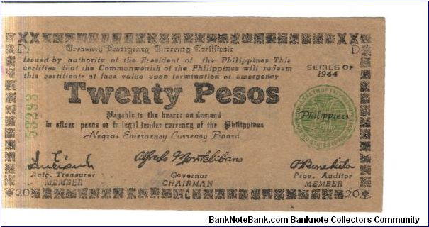 S680a Negros Emergency Currency Board 20 Pesos note. Banknote