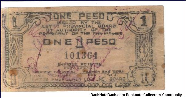 Ley-115 Leyte Province 1 Peso note. Banknote