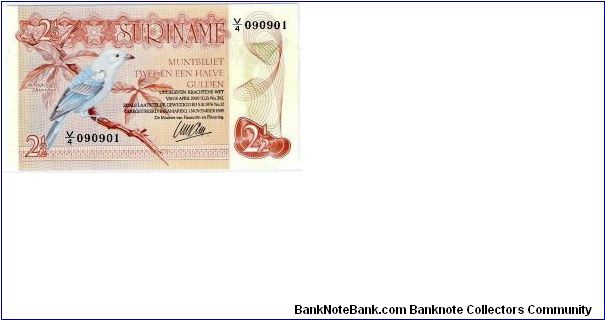 Suriname 2 1/2 Gulden 
Front Design: Blue Gray Tanager (Bird) Banknote