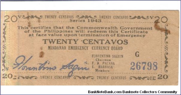 S483b Mindanao 20 Centavos note. Banknote