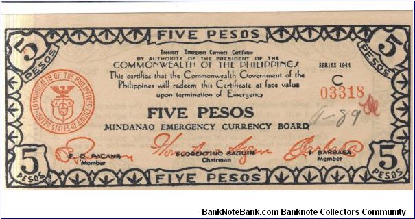 S517a Mindanao 5 Pesos note. Banknote