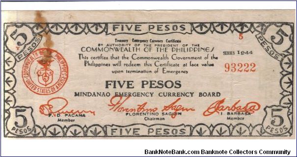 S526b Mindanao 5 Pesos note. Banknote