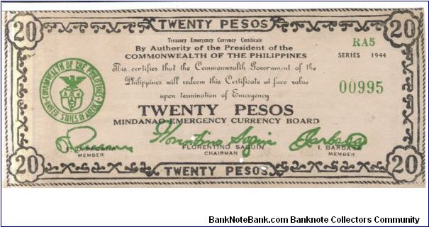 S528d Mindanao 20 Pesos note. Banknote