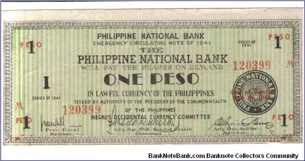S624a Negros Occidental 1 Peso note (Red peso bottom left 7mm). Banknote