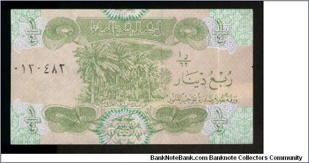 1/4 Dinar.

Palm trees at center on face; building at center on back.

Pick #77 Banknote