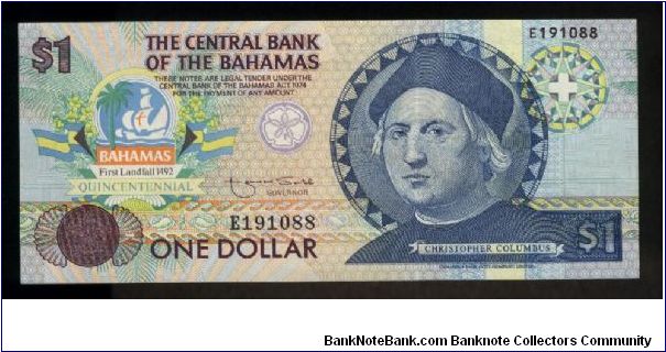 1 Dollar.

Commemorative Issue (Quincentennial of Lirst Landfall by Christopher Columbus).

Commercial seal at left, bust of Christopher Columbus at right with compass face behind on face; flamingos, rose-throated parrots, lizard, islands, ships across back with arms at lower right.

Pick #50 Banknote