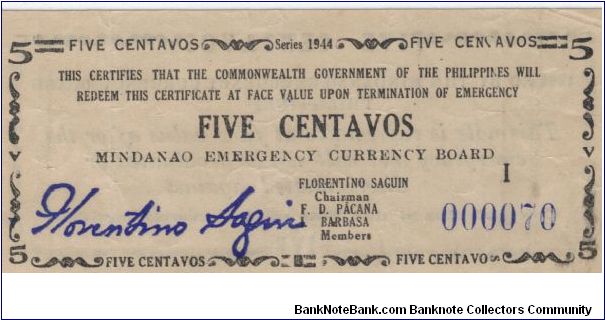S-511, Mindanao 5 centavos note. Banknote