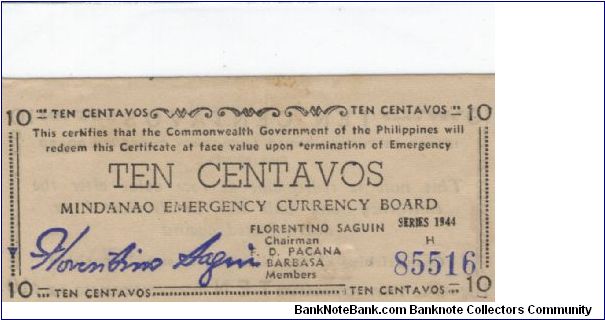 S-512b, Mindanao 10 centavos note, SERIES 1944 all upper case Banknote