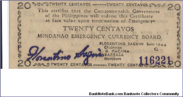 S-513a, Mindanao 20 centavos note. Banknote