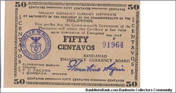 S-514b, Mindanao 50 centavos note. Banknote