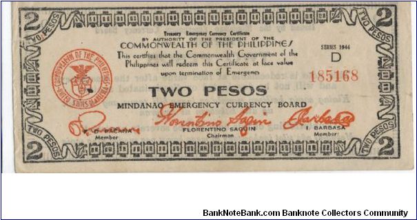 S-516a, Mindanao 2 Pesos note, 11 1/2 mm narrow date. Banknote