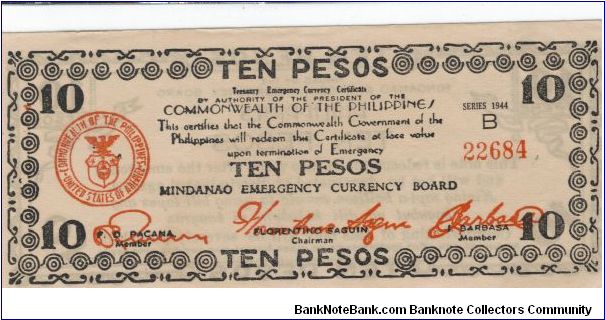 S-518a, Mindanao 10 Pesos note, 11mm long narrow date. Banknote