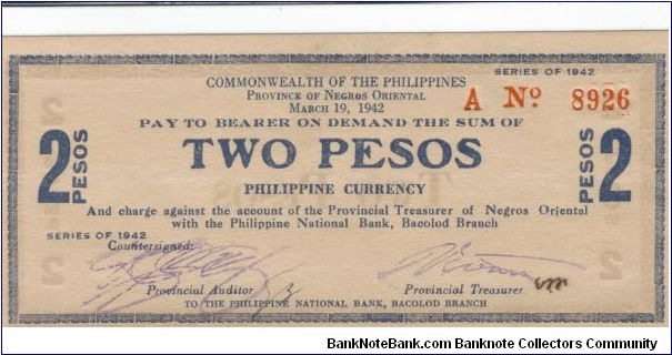 S-655a, Negros Occidental 2 Pesos note, blue ink. Banknote