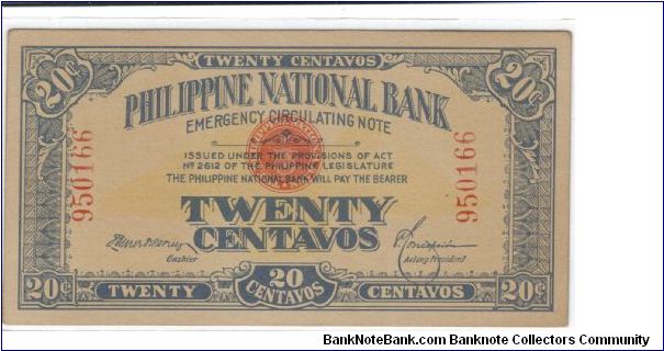 PI-40 Philippine National Bank 20 centavos note. This note is counterfeit. Banknote