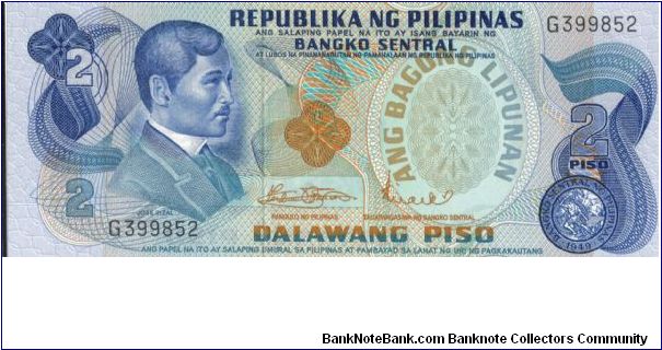 Jose Rizal 2 Peso note. Banknote