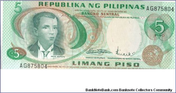 PI-141 Andres Bonifacio green face 5 Peso note. Banknote
