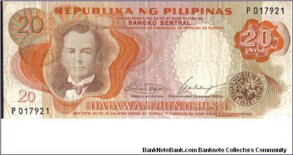 PI-143 Manuell Quezon 20 Peso note with brown face and underprint color change. Banknote