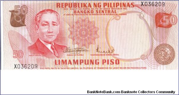 PI-145 Sergio Osmena 50 Peso note without overprint. Banknote