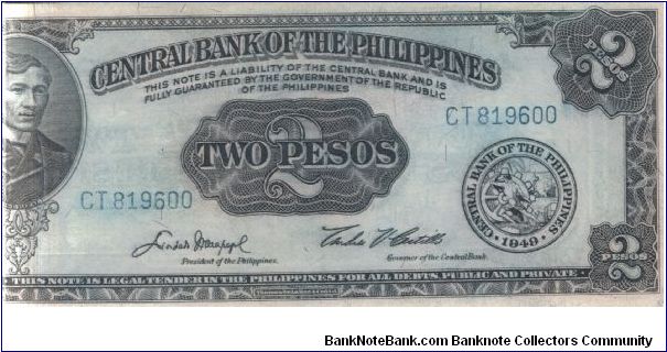 PI-134, Jose Rizal 2 Peso note error, missing the underprint (yellow) color and wavy lines. Banknote