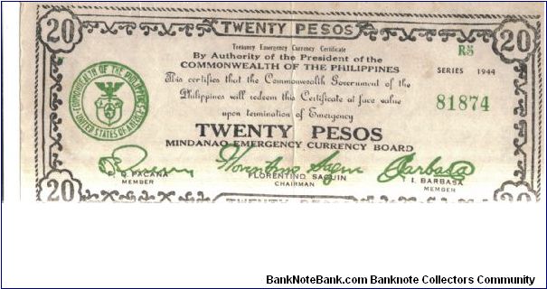 S-528c, Mindanao 20 Pesos note. Banknote