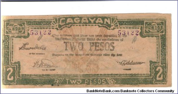 S190, Cagayan 2 Pesos note with small dashes. Banknote