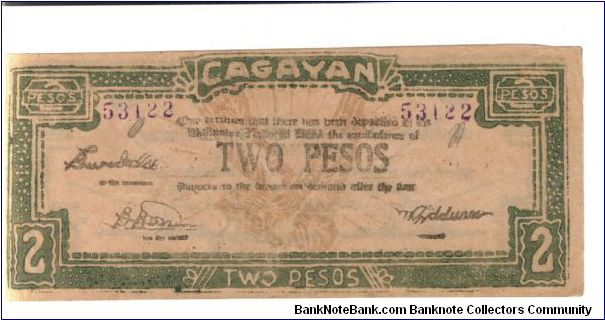 S190, Cagayan 2 Pesos note with small dashes. Banknote
