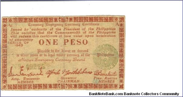 S-661a Negros Emergency Board 1 Peso note, yellow paper with normal 3 in date. Banknote