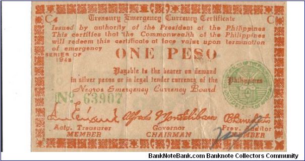 S-661a Negros Emergency Board 1 Peso note on yellow paper with small 3 in date. Banknote