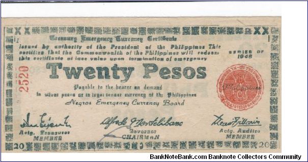 S-685 Negros 20 Pesos note. Banknote