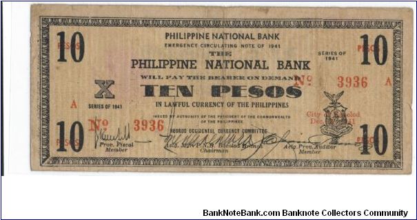 S-618, Negros Occidental 10 Pesos note with 6 mm X on back. Banknote