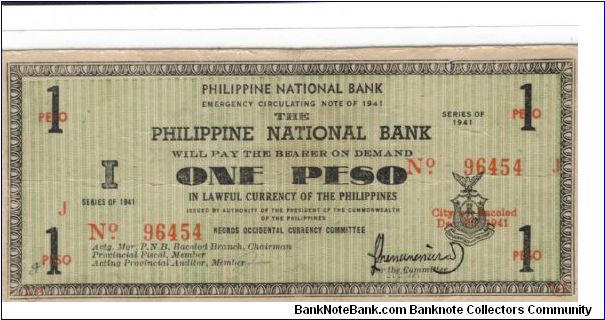 S-612a, Negros Occidental 1 Peso note. Banknote