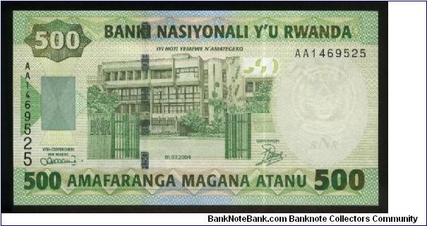 500 Francs.

Banque Nationale du Rwanda building at center on face; harvesting scene at center on back.

Pick #30 Banknote