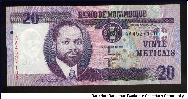 20 Meticais.

President Samora Moises Machel cameo at center left on face; rhinoceros at center on back.

Pick #NEW Banknote