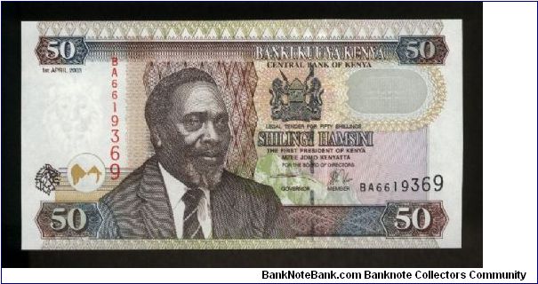 50 Shillings.

Mzee Jomo Kenyatta at left on face; dromedary caravan at center on back.

Pick #41 Banknote