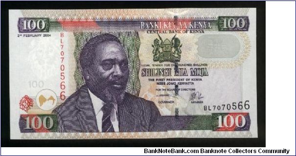 100 Shillings.

Mzee Jomo Kenyatta at left on face; Kenyatta statue, modern buildings and mountains on back.

Pick #42 Banknote