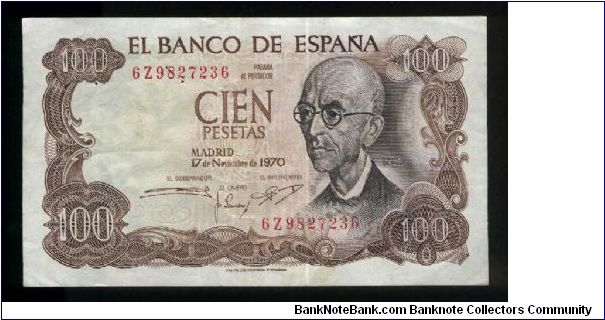 100 Pesetas.

Manuel de Falla at right on face; the summer residence of the Moorish kings in Granada at left cneter on back.

Pick #152 Banknote