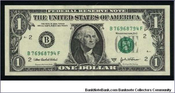 1 Dollar.

Series 2003 A.

Prtrait George Washington at center on face; Great Seal flanking ONE on back.

Pick #515 Banknote