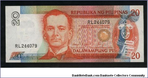 20 Piso.

President M. Quezon at left center, arms at right on face; Malakanyang Palace on back.

Pick #170c Banknote