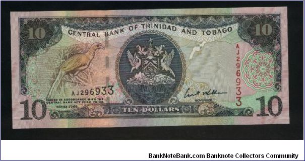 10 Dollars.

Arms at center, piping guan on branch at left on face; twin towered modern building at center, cargo ship dockside at right on back.

Pick #43 Banknote